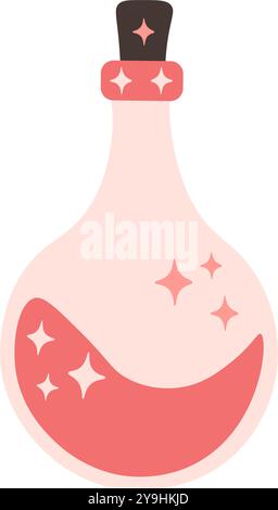 Pink magic potion in bottle. Cute spooky Halloween element in flat style. Vector illustration Stock Vector