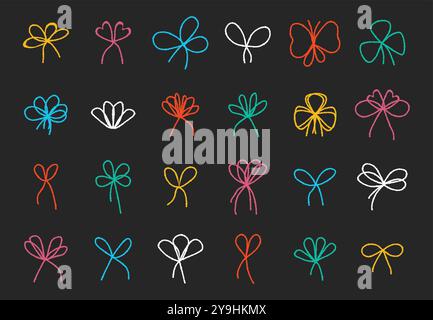 Set of colourful ribbon bows with a chalk texture. Bowknot for package or letter.  Elegant minimal style. Vector illustration Stock Vector