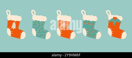 Set of winter Christmas socks. Elements of winter celebration with different designs. Vector Illustration Stock Vector