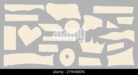 Set of torn empty pieces paper sheets with jagged edges. Scraps of paper. Shredded material of different shapes. Vector illustration Stock Vector