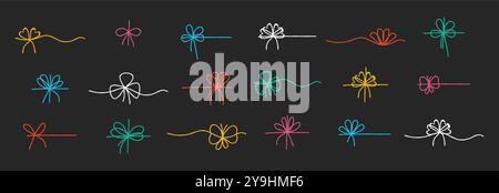 Set of colourful ribbon bows with a chalk texture. Bowknot for package or letter.  Elegant minimal style. Vector illustration Stock Vector
