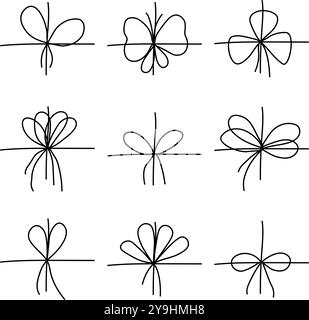 Set of simple black bows. Elegant gift ribbon on string for package or letter. Minimal line stroke style. Vector illustration Stock Vector