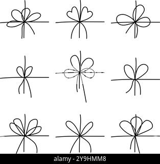 Set of simple black bows. Elegant gift ribbon on string for package or letter. Minimal line stroke style. Vector illustration Stock Vector