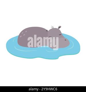 Hippo peeking out of the water, hand drawn illustration Stock Vector