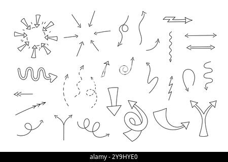 Hand drawn arrows vector set, Isolated doodle pointing signs dotted, linear, straight and curved. Lightning arrow, wave and zigzag simple black Stock Vector