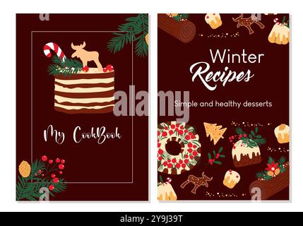 Vertical covers for recipe book. Vector hand drawn templates for winter desserts. Stock Vector