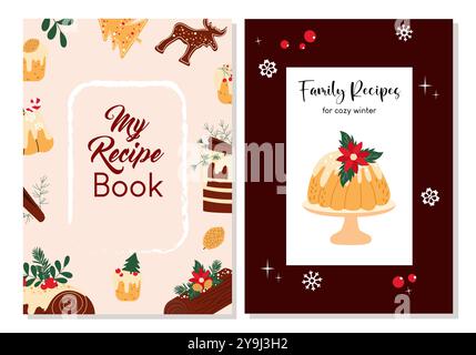 Templates for recipe book cover. Vector desigh with Christmas traditional cakes and desserts. Stock Vector