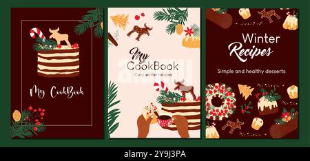 Vertical covers for recipe book. Vector hand drawn templates for winter desserts. Stock Vector
