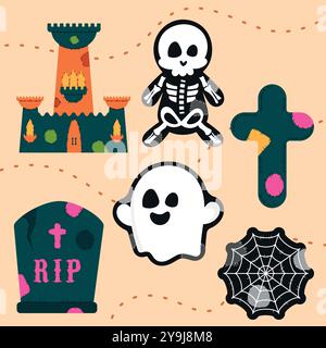 Cute Halloween pattern featuring ghosts, skeletons, crosses, and haunted castles on beige background. Vector illustration Stock Vector