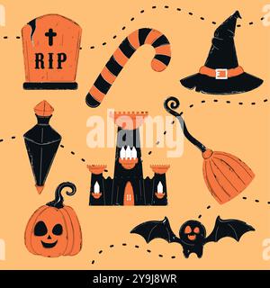 Spooky Halloween pattern featuring tombstones, pumpkins, witch hats, and candy on orange background. Vector illustration Stock Vector