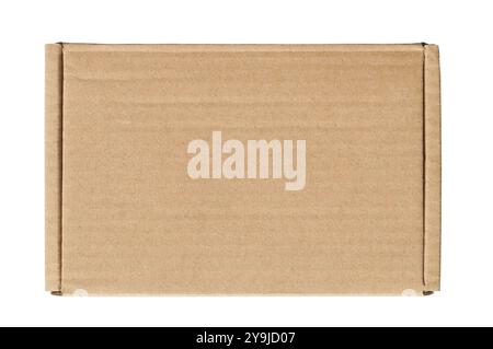 A plain brown rectangular cardboard box with flaps is ready for shipping or storage, isolated on a white background for versatile design applications. Stock Photo