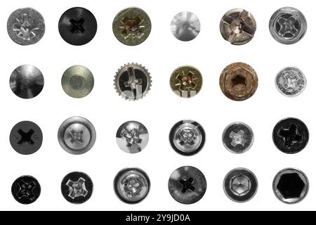 Top view of a neatly laid out collection of heads of screws, bolts and rivets of various shapes and sizes on a transparent background. Stock Photo