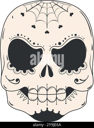 Spider web decorated sugar skull in black and white, Vector Stock Vector