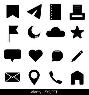 Icon set. Simple black symbols. Various communication and media icons. Vector illustration. Stock Vector