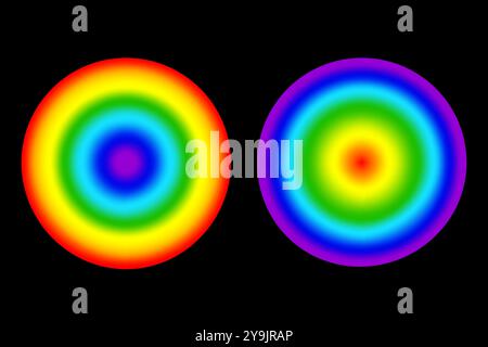 Two colorful concentric circles with gradient rainbow colors on a black background. Bright and vibrant design with radiating patterns. Stock Vector