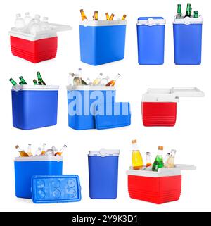 Blue plastic cool boxes with bottles on white background, collage ...