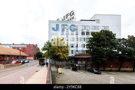 Knoxville, TN, USA-Sept. 17, 2024:Two historic JFG buildings, on both sides of West Jackson Avenue. Stock Photo