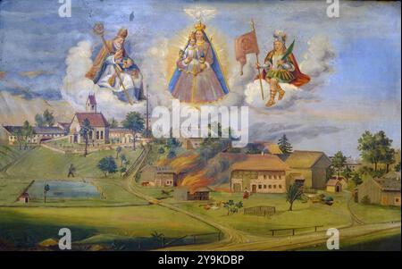 Fire after a lightning strike, votive picture, pilgrimage church of St Mary's Assumption in Tuntenhausen, Upper Bavaria, Bavaria, Germany, Europe Stock Photo