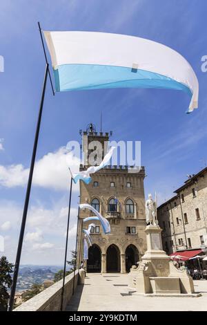 Palazzo Pubblico San Marino, also the town hall and seat of the Consiglio Grande e Generale, the parliament and the government. Landmark of San Marino Stock Photo