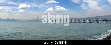 Busan South Korea, panorama city skyline at Busan Marina and Gwangandaegyo Bridge Stock Photo