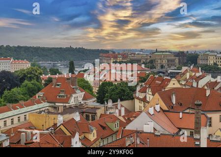 Prague Czech Republic, high angle view city skyline at Manes Bridge and Vltava River, Czechia Stock Photo