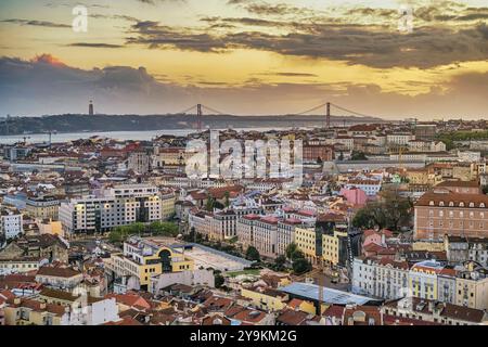 Lisbon Portugal sunset city skyline at Lisbon Baixa district Stock Photo