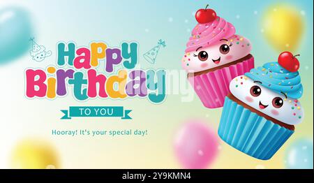 Birthday cup cake characters vector template design. Happy birthday greeting text with cupcake strawberry and muffin blue berry character Stock Vector