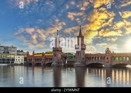 Berlin Germany, sunset city skyline at Oberbaum Bridge and Berlin Metro Stock Photo