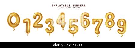 Birthday number inflatable vector set design. Inflatable balloons in gold, shiny and glossy floating numbers isolated in white Stock Vector