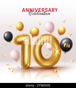 Anniversary 10th year vector design. Happy anniversary greeting with 10 number gold metallic balloons elements decoration for celebration invitation Stock Vector