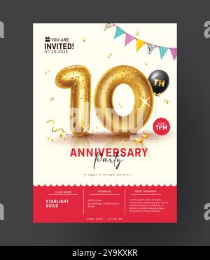Anniversary 10th invitation card vector template. 10th anniversary party celebration with number ten metallic gold balloons for invitation card Stock Vector