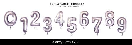 Balloons silver number vector set design. Inflatable balloon numbers collection isolated in white background for birthday celebration elements Stock Vector