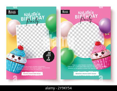 Birthday invitation card vector template design. Birthday party invitation template with blank space for kids picture and cute cup cake decoration Stock Vector