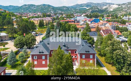 Aerial view of the Cetinje Royal Palace, now housing the King Nicholas Museum in the former capital of Montenegro in the Balkans Stock Photo