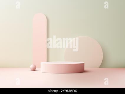 3D pink podium features a sphere and geometric shapes, set on a soft pastel green backdrop. Perfect for product mockups, elegant showroom displays, an Stock Vector