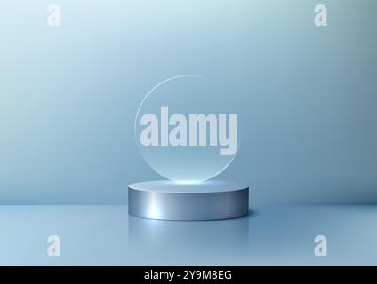 A minimalist 3D scene featuring a circular podium and a hovering translucent circle set against a soft blue background, ideal for product display, moc Stock Vector