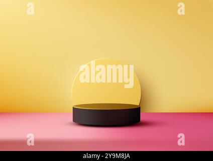 3D scene featuring a black cylindrical podium with large yellow circle, pink floor, and yellow wall. Perfect for modern product displays, mockups, and Stock Vector