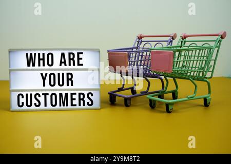 Who Are Your Customers text on LED lightbox with trolley shopping cart on yellow background Stock Photo
