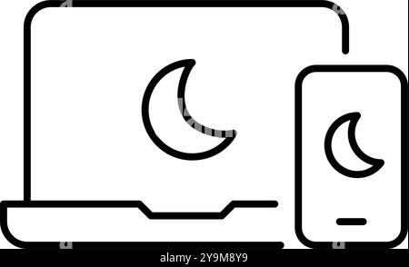 Laptop and smartphone with moon symbol. Quiet mode, dark night scheme. Seamless cross-device synchronization. Pixel perfect, editable stroke vector ic Stock Vector