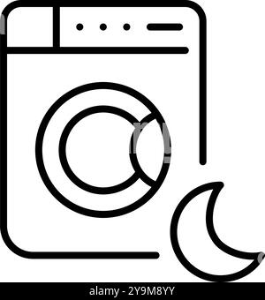 Washing machine and moon symbol. Quiet cycle. Sleep-friendly night mode. Pixel perfect, editable stroke vector icon Stock Vector