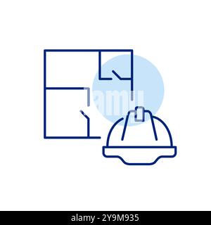 Floor plan and hard hat. Construction safety. Civil engineering, planning and interior design. Pixel perfect, editable stroke vector icon Stock Vector