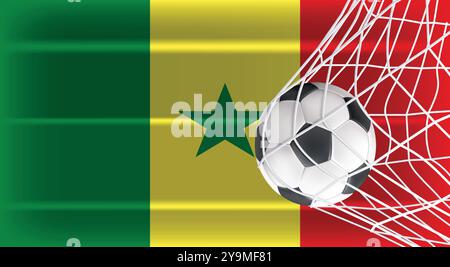 Soccer Football ball in Goal Net Isolated on Senegal Shaded Flag, Sports Accessory Equipment for Playing Game, Championship Stock Vector