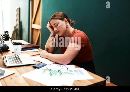 Business, tired and woman with burnout, night and planning of budget, stress and sleepy in office. Exhausted, entrepreneur and working late on desk Stock Photo