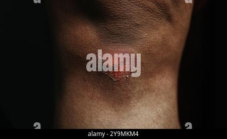 Bruised and Scratched Knee on isolated black background Stock Photo