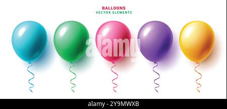 Birthday balloons vector set design. Balloons birthday inflatable elements collection in glossy and shiny colorful party decoration in isolated Stock Vector