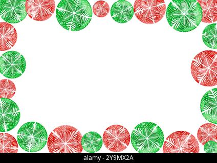 Frame of snowflakes inscribed in circles. Circles of red, green watercolor colors different size. Snowflakes from white lines of different thickness. Stock Photo