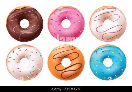 Birthday doughnut vector set design. Birthday donut cake desserts with chocolate cream, strawberry icing and sprinkles yummy food 3d realistic Stock Vector