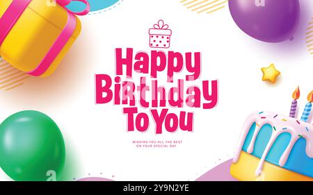 Happy birthday greeting vector background design. Birthday greeting text in white space with gift box, balloons and cake party elements decoration Stock Vector