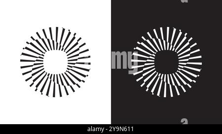 Circular camera shutter stripes abstract icon. Black and white design pattern featuring two circles, abstract pattern with radiating lines Stock Vector