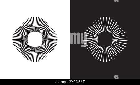 Minimalist spiral stripes, vintage optical illusion. Circular overlapping lines resembling camera shutter, radial burst black and white logo. Stock Vector